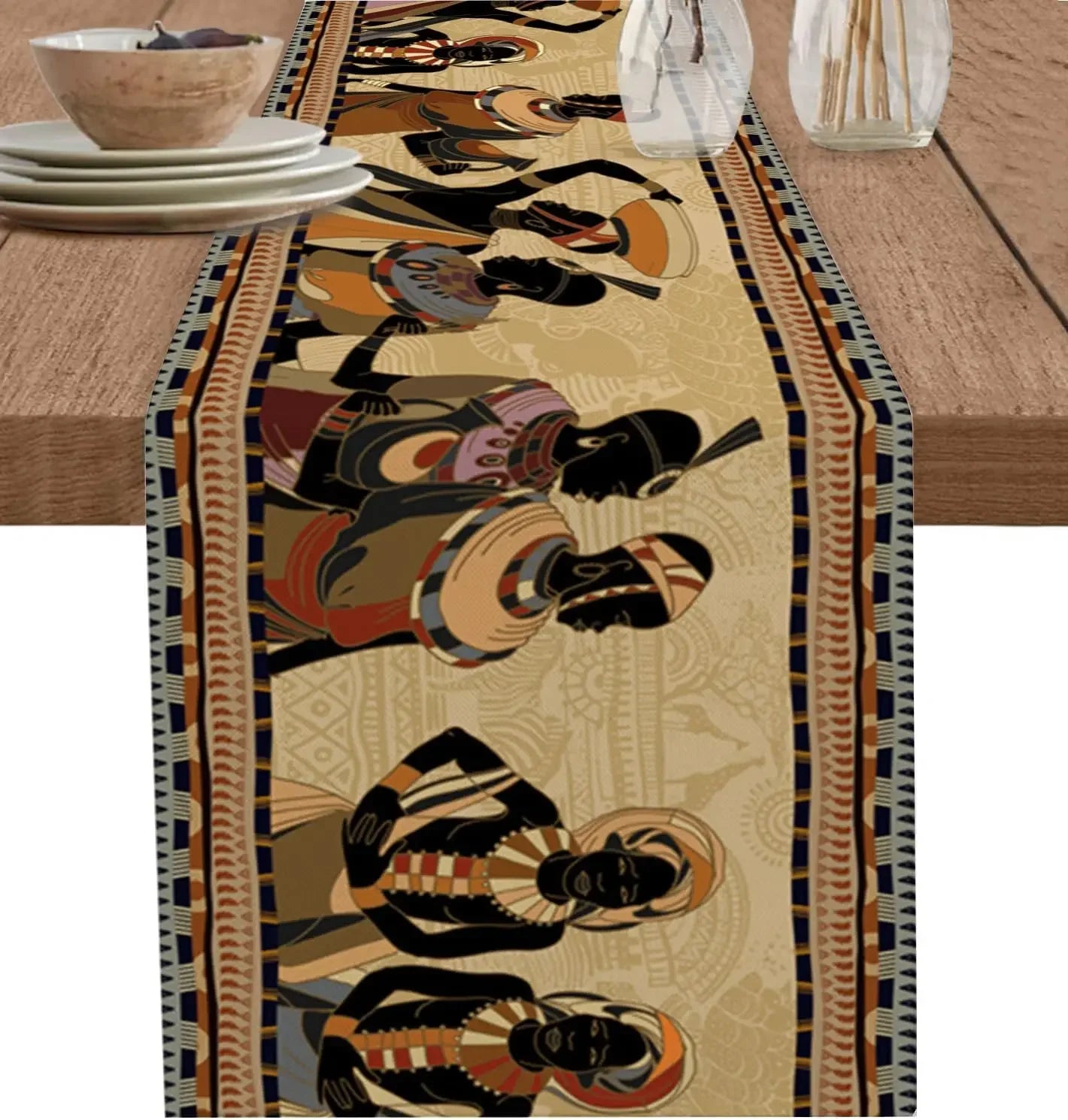 Ethinic Boho African Woman Linen Table Runners Dresser Scarf Table Decor Farmhouse Dining Table Runners Holiday Party Decoration