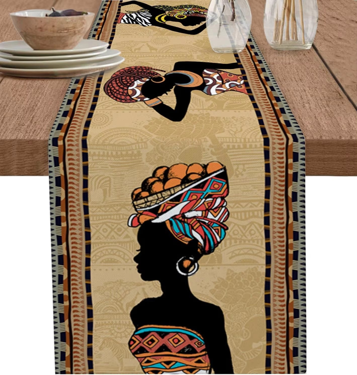 Ethinic Boho African Woman Linen Table Runners Dresser Scarf Table Decor Farmhouse Dining Table Runners Holiday Party Decoration